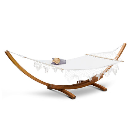 Gardeon Hammock Bed Outdoor Camping Garden Tassel Timber Hammock White.