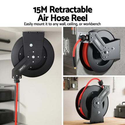 Giantz Air Hose Reel 3/8 IN x 15m Retractable Air Hose 300PSI.