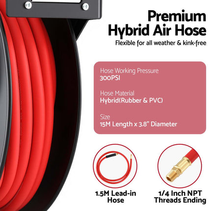 Giantz Air Hose Reel 3/8 IN x 15m Retractable Air Hose 300PSI.