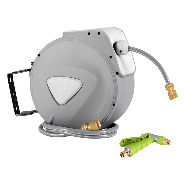 Water Hose Reel 20M Retractable Auto Rewind Garden Brass Spray Gun.