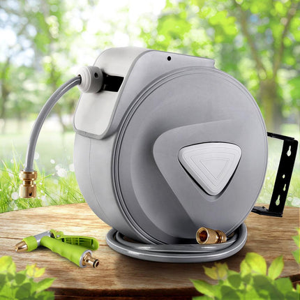 Water Hose Reel 20M Retractable Auto Rewind Garden Brass Spray Gun.