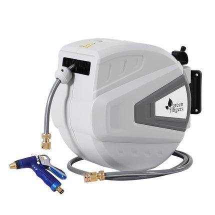 Green Fingers 30M Water Hose Reel Retractable Auto Rewind Wall Mount Garden Spray Gun.