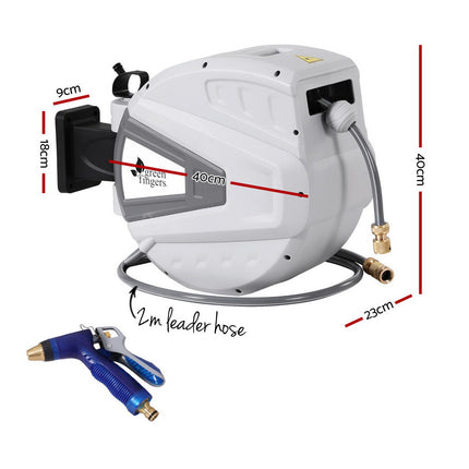 Green Fingers 30M Water Hose Reel Retractable Auto Rewind Wall Mount Garden Spray Gun.