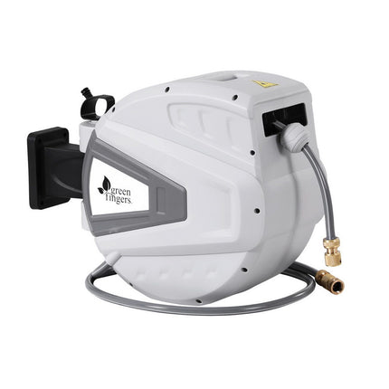 Green Fingers 30M Water Hose Reel Retractable Auto Rewind Wall Mount Garden Spray Gun.