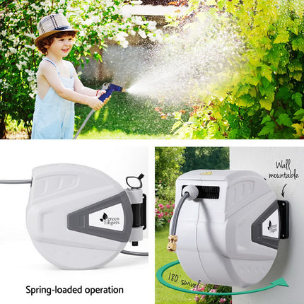 Green Fingers 30M Water Hose Reel Retractable Auto Rewind Wall Mount Garden Spray Gun.