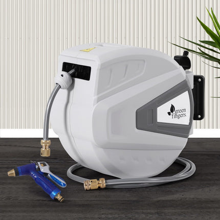 Green Fingers 30M Water Hose Reel Retractable Auto Rewind Wall Mount Garden Spray Gun.