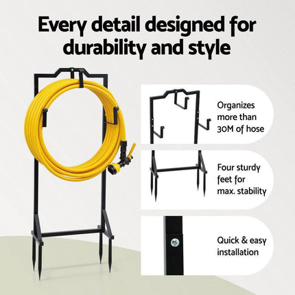 Green Fingers Garden Hose Holder Metal Portable Freestanding Hose Stand 4 Spikes Black.