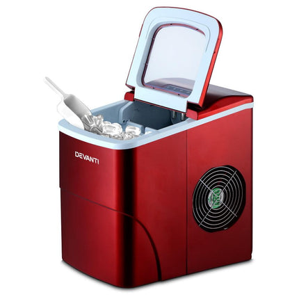 DEVANTi Portable Ice Cube Maker Machine 2L Home Bar Benchtop Easy Quick Red.