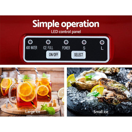 DEVANTi Portable Ice Cube Maker Machine 2L Home Bar Benchtop Easy Quick Red.