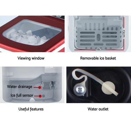 DEVANTi Portable Ice Cube Maker Machine 2L Home Bar Benchtop Easy Quick Red.