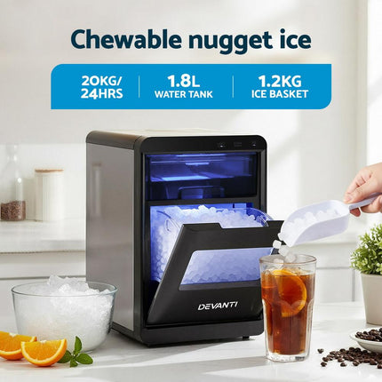 Devanti Ice Maker Machine 20kg Chewable Nugget Ice Countertop w/Self Cleaning.