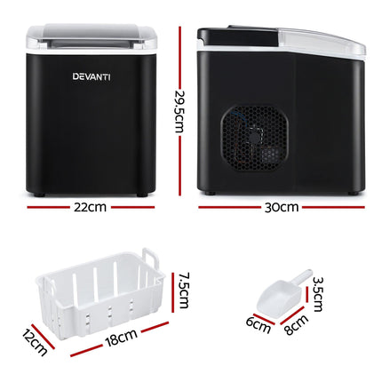 Devanti Ice Maker Machine Portable 12kg Countertop w/Self Cleaning 1.2L Black.