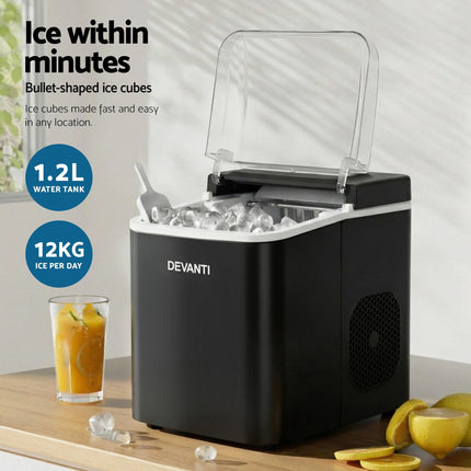 Devanti Ice Maker Machine Portable 12kg Countertop w/Self Cleaning 1.2L Black.