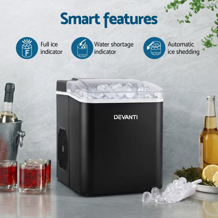 Devanti Ice Maker Machine Portable 12kg Countertop w/Self Cleaning 1.2L Black.