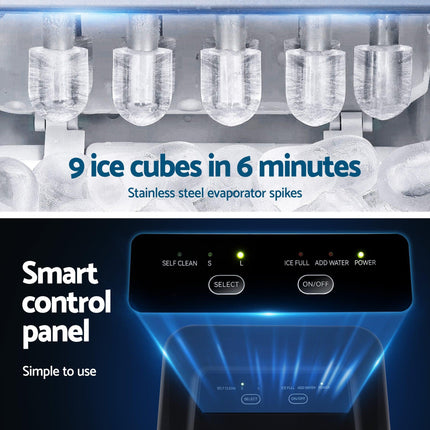 Devanti Ice Maker Machine Portable 12kg Countertop w/Self Cleaning 1.2L Black.
