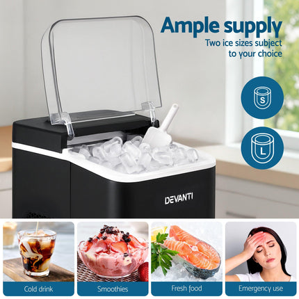 Devanti Ice Maker Machine Portable 12kg Countertop w/Self Cleaning 1.2L Black.
