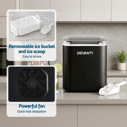 Devanti Ice Maker Machine Portable 12kg Countertop w/Self Cleaning 1.2L Black.