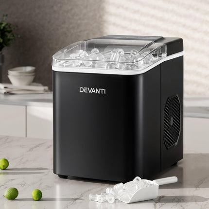 Devanti Ice Maker Machine Portable 12kg Countertop w/Self Cleaning 1.2L Black.