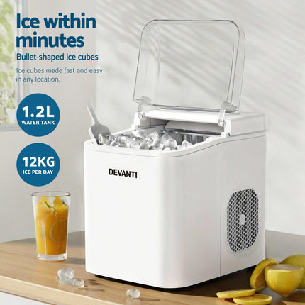 Devanti Ice Maker Machine Portable 12kg Countertop w/Self Cleaning 1.2L White.