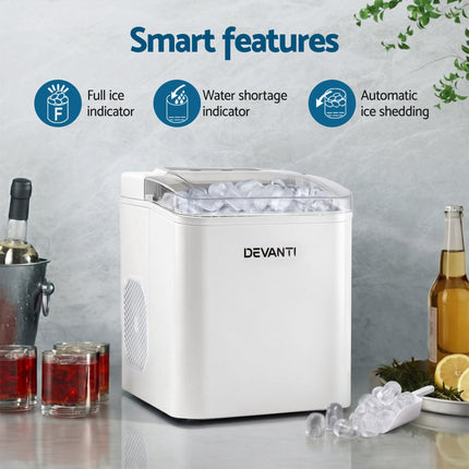 Devanti Ice Maker Machine Portable 12kg Countertop w/Self Cleaning 1.2L White.