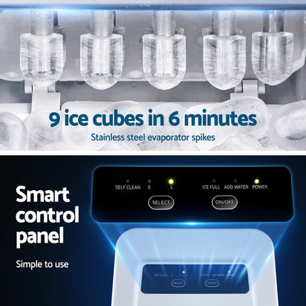 Devanti Ice Maker Machine Portable 12kg Countertop w/Self Cleaning 1.2L White.