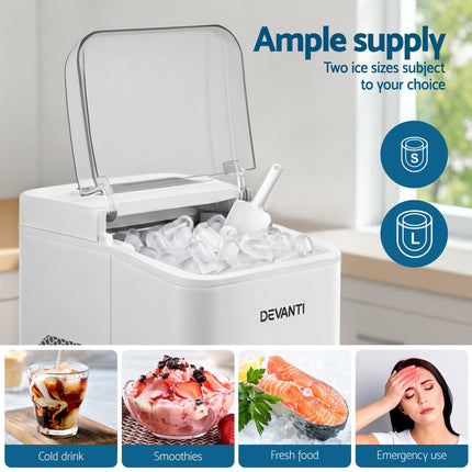 Devanti Ice Maker Machine Portable 12kg Countertop w/Self Cleaning 1.2L White.