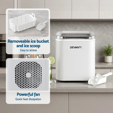 Devanti Ice Maker Machine Portable 12kg Countertop w/Self Cleaning 1.2L White.