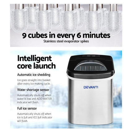 Devanti 2.4L Stainless Steel Portable Ice Cube Maker.