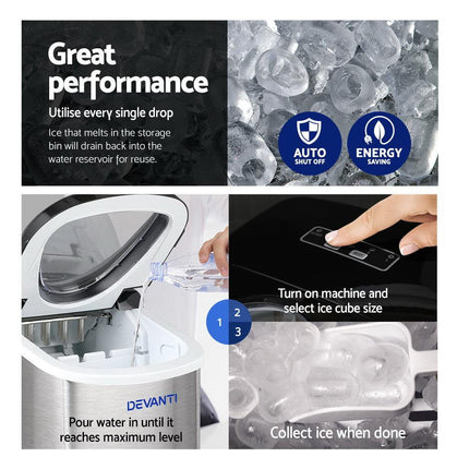 Devanti 2.4L Stainless Steel Portable Ice Cube Maker.