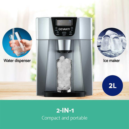 Devanti 2L Portable Ice Cuber Maker & Water Dispenser - Silver.
