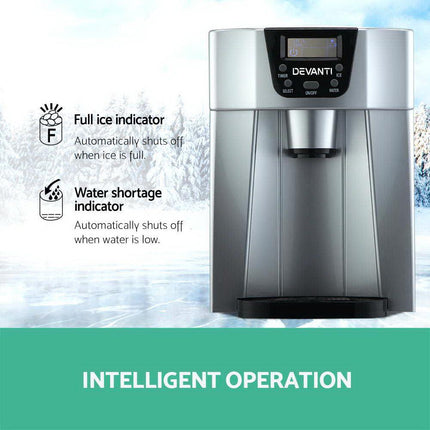 Devanti 2L Portable Ice Cuber Maker & Water Dispenser - Silver.