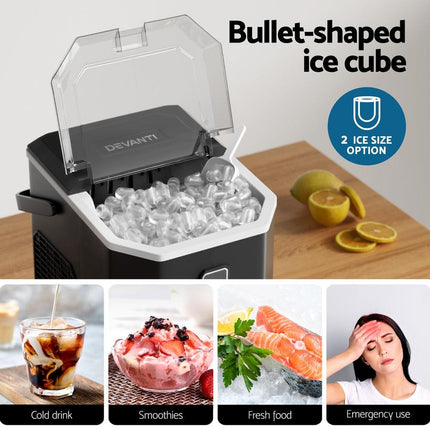 Devanti 12kg Ice Maker Machine 1.3L w/Scoop Holder Black.