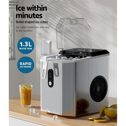 Devanti Portable Ice Maker Machine Ice Cube 12kg Bar Countertop Stainless Steel.