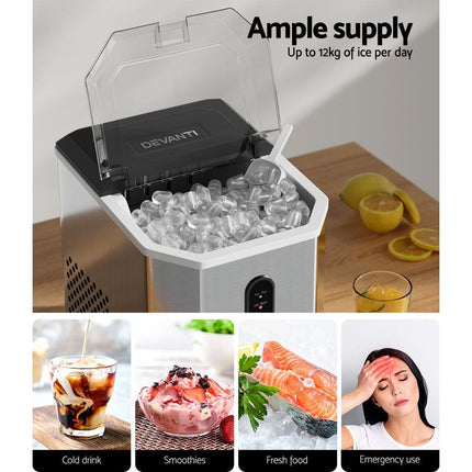 Devanti Portable Ice Maker Machine Ice Cube 12kg Bar Countertop Stainless Steel.