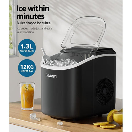 Devanti Portable Ice Maker Machine Ice Cube Tray 12kg Bar Countertop Black.
