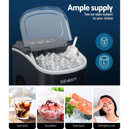 Devanti Portable Ice Maker Machine Ice Cube Tray 12kg Bar Countertop Black.