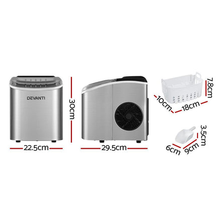 Devanti 12kg Ice Maker Machine w/Self Cleaning Silver.