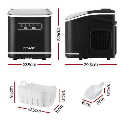 Devanti Ice Maker Machine Portable 12kg Countertop w/Self Cleaning 1.3L Black.