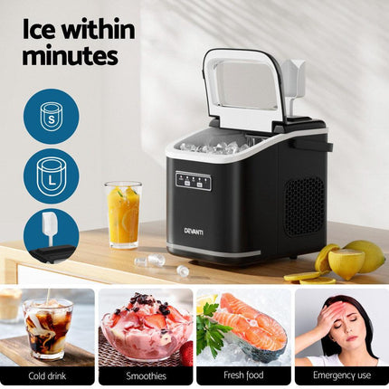 Devanti Ice Maker Machine Portable 12kg Countertop w/Self Cleaning 1.3L Black.