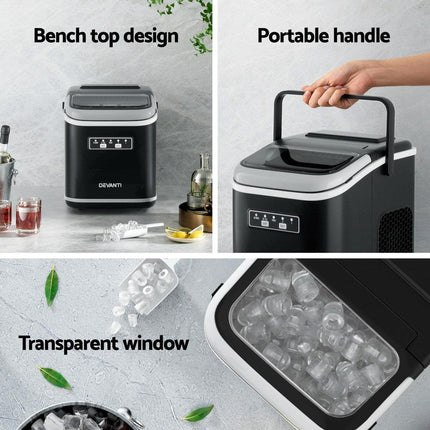 Devanti Ice Maker Machine Portable 12kg Countertop w/Self Cleaning 1.3L Black.