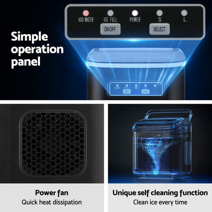 Devanti Ice Maker Machine Portable 12kg Countertop w/Self Cleaning 1.3L Black.