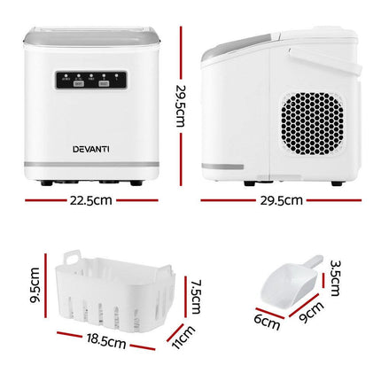 Devanti Ice Maker Machine Portable 12kg Countertop w/Self Cleaning 1.3L White.