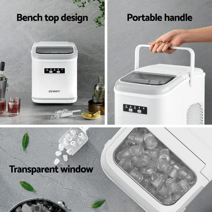 Devanti Ice Maker Machine Portable 12kg Countertop w/Self Cleaning 1.3L White.