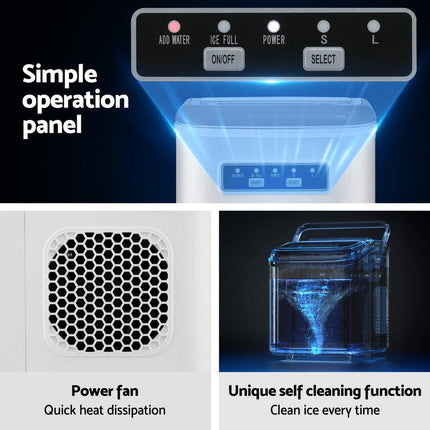 Devanti Ice Maker Machine Portable 12kg Countertop w/Self Cleaning 1.3L White.