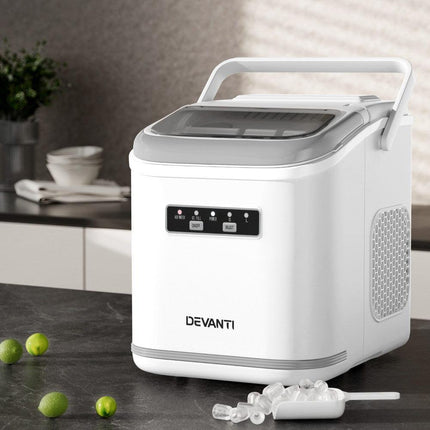 Devanti Ice Maker Machine Portable 12kg Countertop w/Self Cleaning 1.3L White.