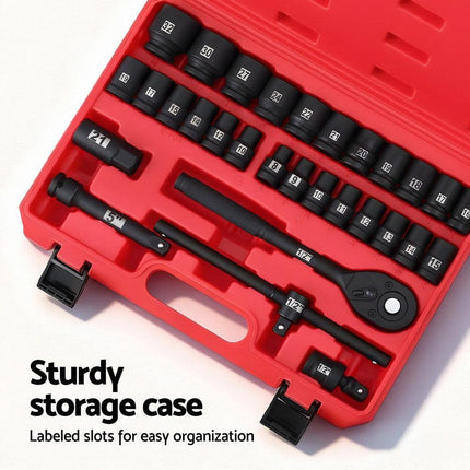Giantz 30Pc 1/2" Drive Socket Set Cr-V Steel 8-32mm Workshop Repair.