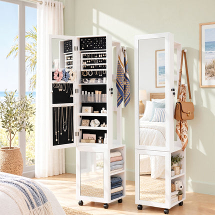 Artiss Lockable Jewellery Cabinet, Mobile Frameless Mirror, White