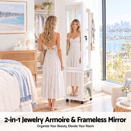 Artiss Lockable Jewellery Cabinet, Mobile Frameless Mirror, White