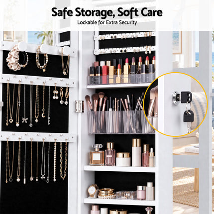 Artiss Lockable Jewellery Cabinet, Mobile Frameless Mirror, White