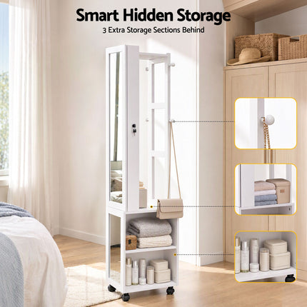 Artiss Lockable Jewellery Cabinet, Mobile Frameless Mirror, White